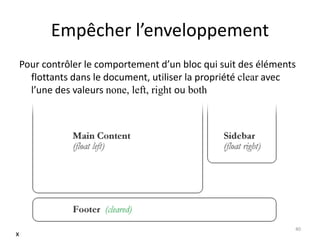 Empêcher l’enveloppement
Pour contrôler le comportement d’un bloc qui suit des éléments
flottants dans le document, utiliser la propriété clear avec
l’une des valeurs none, left, right ou both
40
x
 