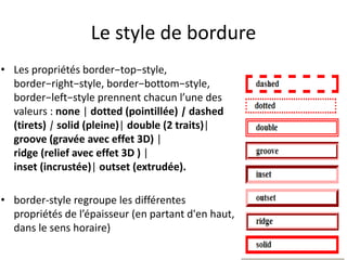 Le style de bordure 
• Les propriétés border−top−style, 
border−right−style, border−bottom−style, 
border−left−style prennent chacun l’une des 
valeurs : none | dotted (pointillée) | dashed 
(tirets) | solid (pleine)| double (2 traits)| 
groove (gravée avec effet 3D) | 
ridge (relief avec effet 3D ) | 
inset (incrustée)| outset (extrudée). 
• border-style regroupe les différentes 
propriétés de l’épaisseur (en partant d'en haut, 
dans le sens horaire) 
27 
 