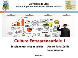 Culture Entrepreneuriale 1
Enseignantes responsables : Amira Turki Zalila
Imen Maaloul
Université de Sfax
Institut Supérieur des Arts et Métiers de Sfax
2022 2023
1
 