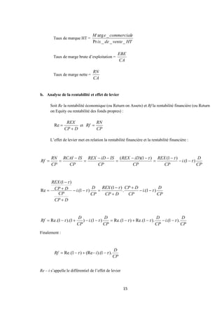 15
Taux de marque HT =
HT
vente
de
ix
e
commercial
e
M
_
_
_
Pr
_
arg
Taux de marge brute d’exploitation =
CA
EBE
Taux de marge nette =
CA
RN
b. Analyse de la rentabilité et effet de levier
Soit Re la rentabilité économique (ou Return on Assets) et Rf la rentabilité financière (ou Return
on Equity ou rentabilité des fonds propres) :
D
CP
REX
+
=
Re et
CP
RN
Rf =
L’effet de levier met en relation la rentabilité financière et la rentabilité financière :
CP
D
i
CP
REX
CP
iD
REX
CP
IS
iD
REX
CP
IS
RCAI
CP
RN
Rf )
1
.(
)
1
(
)
1
)(
(



−
−
−
=
−
−
=
−
−
=
−
=
=
CP
D
i
CP
D
CP
D
CP
REX
CP
D
i
D
CP
CP
D
CP
REX
)
1
.(
.
)
1
(
)
1
.(
)
1
(
Re 



−
−
+
+
−
=
−
−
+
+
−
=
CP
D
i
CP
D
CP
D
i
CP
D
Rf ).
1
.(
).
1
.(
Re
)
1
.(
Re
)
1
.(
)
1
).(
1
.(
Re 



 −
−
−
+
−
=
−
−
+
−
=
Finalement :
CP
D
i
Rf ).
1
).(
(Re
)
1
.(
Re 
 −
−
+
−
=
Re – i s’appelle le différentiel de l’effet de levier
 