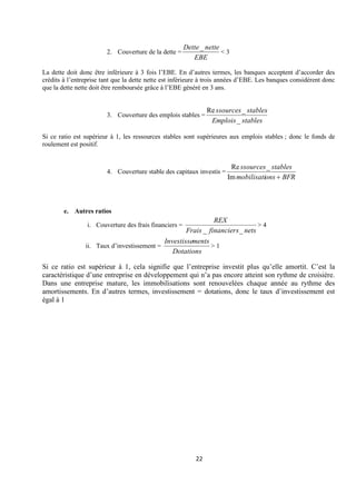 22
2. Couverture de la dette =
EBE
nette
Dette_
< 3
La dette doit donc être inférieure à 3 fois l’EBE. En d’autres termes, les banques acceptent d’accorder des
crédits à l’entreprise tant que la dette nette est inférieure à trois années d’EBE. Les banques considèrent donc
que la dette nette doit être remboursée grâce à l’EBE généré en 3 ans.
3. Couverture des emplois stables =
stables
Emplois
stables
ssources
_
_
Re
Si ce ratio est supérieur à 1, les ressources stables sont supérieures aux emplois stables ; donc le fonds de
roulement est positif.
4. Couverture stable des capitaux investis =
BFR
ons
mobilisati
stables
ssources
+
Im
_
Re
e. Autres ratios
i. Couverture des frais financiers =
nets
financiers
Frais
REX
_
_
> 4
ii. Taux d’investissement =
Dotations
ments
Investisse
> 1
Si ce ratio est supérieur à 1, cela signifie que l’entreprise investit plus qu’elle amortit. C’est la
caractéristique d’une entreprise en développement qui n’a pas encore atteint son rythme de croisière.
Dans une entreprise mature, les immobilisations sont renouvelées chaque année au rythme des
amortissements. En d’autres termes, investissement = dotations, donc le taux d’investissement est
égal à 1
 