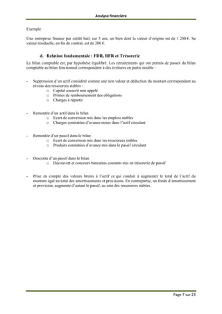 Analyse financière
Page 7 sur 23
Exemple
Une entreprise finance par crédit bail, sur 5 ans, un bien dont la valeur d’origine est de 1 200 €. Sa
valeur résiduelle, en fin de contrat, est de 200 €.
d. Relation fondamentale : FDR, BFR et Trésorerie
Le bilan comptable est, par hypothèse équilibré. Les retraitements qui ont permis de passer du bilan
comptable au bilan fonctionnel correspondent à des écritures en partie double :
- Suppression d’un actif considéré comme une non valeur et déduction du montant correspondant au
niveau des ressources stables :
o Capital souscrit non appelé
o Primes de remboursement des obligations
o Charges à répartir
- Remontée d’un actif dans le bilan
o Ecart de conversion mis dans les emplois stables
o Charges constatées d’avance mises dans l’actif circulant
- Remontée d’un passif dans le bilan
o Ecart de conversion mis dans les ressources stables
o Produits constatées d’avance mis dans le passif circulant
- Descente d’un passif dans le bilan
o Découvert et concours bancaires courants mis en trésorerie de passif
- Prise en compte des valeurs brutes à l’actif ce qui conduit à augmenter le total de l’actif du
montant égal au total des amortissements et provisions. En contrepartie, un fonds d’amortissement
et provision, augmente d’autant le passif, au sein des ressources stables.
 