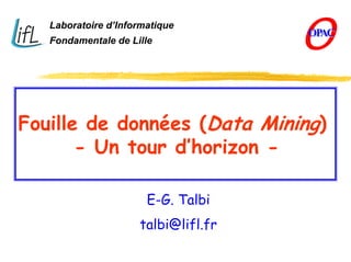 O
Laboratoire d’Informatique
Fondamentale de Lille
OP
AC
OP
AC
Fouille de données (Data Mining)
- Un tour d’horizon -
E-G. Talbi
talbi@lifl.fr
 
