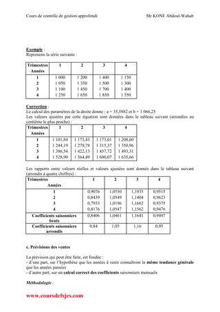 Cours de contrôle de gestion approfondi Mr KONE Abdoul-Wahab
www.coursdefsjes.com
Exemple :
Reprenons la série suivante :
Trimestres 1 2 3 4
Années
1 1 000 1 200 1 400 1 150
2 1 050 1 350 1 500 1 300
3 1 100 1 450 1 700 1 400
4 1 250 1 650 1 850 1 550
Correction :
Le calcul des paramètres de la droite donne : a = 35,5882 et b = 1 066,25
Les valeurs ajustées par cette équation sont données dans le tableau suivant (arrondies au
centième le plus proche) :
Trimestres 1 2 3 4
Années
1 1 101,84 1 173,43 1 173,01 1 208,60
2 1 244,19 1 279,78 1 315,37 1 350,96
3 1 386,54 1 422,13 1 457,72 1 493,31
4 1 528,90 1 564,49 1 600,07 1 635,66
Les rapports entre valeurs réelles et valeurs ajustées sont donnés dans le tableau suivant
(arrondis à quatre chiffres) :
Trimestres 1 2 3 4
Années
1 0,9076 1,0550 1,1935 0,9515
2 0,8439 1,0549 1,1404 0,9623
3 0,7933 1,0196 1,1662 0,9375
4 0,8176 1,0547 1,1562 0,9476
Coefficients saisonniers
bruts
0,8406 1,0461 1,1641 0,9497
Coefficients saisonniers
arrondis
0,84 1,05 1,16 0,95
c. Prévisions des ventes
La prévision qui peut être faite, est fondée :
- d’une part, sur l’hypothèse que les années à venir connaîtront la même tendance générale
que les années passées
- d’autre part, sur un calcul correct des coefficients saisonniers mensuels
Méthodologie :
 