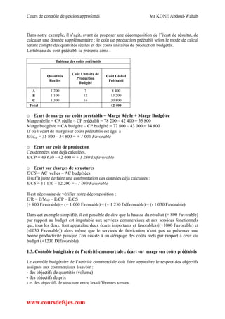 Cours de contrôle de gestion approfondi Mr KONE Abdoul-Wahab
www.coursdefsjes.com
Dans notre exemple, il s’agit, avant de proposer une décomposition de l’écart de résultat, de
calculer une donnée supplémentaire : le coût de production préétabli selon le mode de calcul
tenant compte des quantités réelles et des coûts unitaires de production budgétés.
Le tableau du coût préétabli se présente ainsi :
Tableau des coûts préétablis
Quantités
Réelles
Coût Unitaire de
Production
Budgété
Coût Global
Préétabli
A 1 200 7 8 400
B 1 100 12 13 200
C 1 300 16 20 800
Total 42 400
o Ecart de marge sur coûts préétablis = Marge Réelle + Marge Budgétée
Marge réelle = CA réelle – CP préétabli = 78 200 – 42 400 = 35 800
Marge budgétée = CA budgété – CP budgété = 77 800 – 43 000 = 34 800
D’où l’écart de marge sur coûts préétablis est égal à
E/Mcp = 35 800 – 34 800 = + 1 000 Favorable
o Ecart sur coût de production
Ces données sont déjà calculées.
E/CP = 43 630 – 42 400 = + 1 230 Défavorable
o Ecart sur charges de structures
E/CS = AC réelles – AC budgétées
Il suffit juste de faire une confrontation des données déjà calculées :
E/CS = 11 170 – 12 200 = - 1 030 Favorable
Il est nécessaire de vérifier notre décomposition :
E/R = E/Mcp – E/CP – E/CS
(+ 800 Favorable) = (+ 1 000 Favorable) – (+ 1 230 Défavorable) – (- 1 030 Favorable)
Dans cet exemple simplifié, il est possible de dire que la hausse du résultat (+ 800 Favorable)
par rapport au budget est imputable aux services commerciaux et aux services fonctionnels
qui, tous les deux, font apparaître deux écarts importants et favorables ((+1000 Favorable) et
(-1030 Favorable)) alors même que le services de fabrication n’ont pas su préserver une
bonne productivité puisque l’on assiste à un dérapage des coûts réels par rapport à ceux du
budget (+1230 Défavorable).
1.3. Contrôle budgétaire de l’activité commerciale : écart sur marge sur coûts préétablis
Le contrôle budgétaire de l’activité commerciale doit faire apparaître le respect des objectifs
assignés aux commerciaux à savoir :
- des objectifs de quantités (volume)
- des objectifs de prix
- et des objectifs de structure entre les différentes ventes.
 