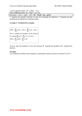 Cours de contrôle de gestion approfondi Mr KONE Abdoul-Wahab
www.coursdefsjes.com
- pour la période traitée : (P +  P)(p +  p)
Ainsi, la différence s’écrit : (P +  P)(p +  p) - P.p
Ou encore :  P.p +  p(P +  P) = (P1 – P0).P0 + (p1 – p0).P1
= variation de quantité valorisée au prix de la période de référence + Variation de prix
pondéré par la quantité de la période traitée.
b. Etape 2 : Productivité et surplus
 
 






FfPpSPG
vientilFfPpcommeet
facteursdeouproduitsdenombrenoù
FFfPPpSPG
n
i
iii
n
i
iii
..
:,..
)()(
11
Avec p : prix des produits, f : prix des facteurs, P : quantité des produits et F : quantité des
facteurs.
Exemple :
Les comptes de résultat d’une entreprise se présentent comme suit pour les années N et N+1 :
 