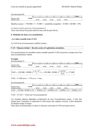Cours de contrôle de gestion approfondi Mr KONE Abdoul-Wahab
www.coursdefsjes.com
Investissement B :
0 1 2 3 4 5 Temps
Dépense initiale -120 000
Bénéfice annuel 20 000 40 000 60 000 30 000 25 000
Bénéfice moyen = 1750 000 / 5 = 35 000 => rentabilité comptable = 35 000 / 120 000 = 29%
Le choix est alors porté sur l’investissement A.
Ainsi sont retenus les projets dont les taux sont les plus élevés.
b. Méthodes de choix avec actualisation
- La valeur actuelle nette (VAN)
La VAN d’un investissement se définit comme :
VAN = Dépense initiale + Recettes nettes d’exploitation actualisées
Un investissement est considéré comme rentable quand la VAN est positive compte tenu d’un
taux d’actualisation i donné.
Exemple :
Investissement A :
0 1 2 3 4 5 Temps
Dépense initiale -150 000
Recettes annuelles 50 000 50 000 50 000 50 000 50 000
60817)
0,15
)15,(1-1
(.00050000-150)
i
i)(1-1
(.00050000-150VAN
-5-n



VAN = 17 608 avec i = 15% et n = 5 ans.
Investissement B :
0 1 2 3 4 5 Temps
Dépense initiale -150 000
Recettes annuelles 80 000 70 000 60 000 20 000 20 000
-5-4-3-2-1
000.(1,15)20000.(1,15)20000.(1,15)60000.(1,15)70.(1,15)00080000-150VAN 
VAN = 33 324 => Choix de l’investissement B.
Les résultats obtenus dépendent évidemment du taux d’actualisation retenu : il doit être
unique pour l’entreprise et représente le coût moyen des capitaux investis, il doit rémunérer
les facteurs temps et risque.
Entre deux investissements, le choix se fait pour celui dont la VAN est la plus élevée.
 