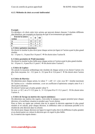 Cours de contrôle de gestion approfondi Mr KONE Abdoul-Wahab
www.coursdefsjes.com
4.1.3. Méthodes de choix en avenir indéterminé
Exemple :
Un décideur a le choix entre trois actions qui peuvent donner chacune 3 résultats différents
(des bénéfices, par exemple) en fonction du type d’environnement qui apparaît :
Etat de la nature
Action
I II III
A 10 12 15
B 16 8 4
C 13 14 11
a. Critère optimiste (maximax)
On choisit le résultat le plus élevé pour chaque action (en ligne) et l’action ayant le plus grand
résultat.
Ici : 15 pour A ; 16 pour B et 14 pour C  On choisit alors l’action B.
b. Critère pessimiste de Wald (maximin)
On choisit le résultat le plus faible pour chaque action et l’action ayant le plus grand résultat.
Ici : 10 pour A ; 4 pour B et 11 pour C  On choisit alors l’action C.
c. Critère de Laplace
On calcule la moyenne arithmétique des résultats de chaque action et on choisit l’action à la
plus forte moyenne. Ici : 12,3 pour A ; 9,3 pour B et 12,6 pour C  On choisit alors l’action
C.
d. Critère de Hurwicz
On détermine pour chaque action, la valeur mMV )1(   avec M = résultat maximum
de l’action et m = résultat minimum,  est un coefficient d’optimisme compris entre 0 et 1
choisi par le décideur.
On choisit l’action qui a la plus grande valeur V.
Ici avec  =0,7, on a V=13,5 pour A ; V=12,4 pour B et V=13,1 pour C.  On choisit alors
l’action A.
e. Critère de Savage ou matrice des regrets (minimax)
On détermine une matrice des regrets, c'est-à-dire le manque à gagner potentiel pour chaque
décision, si la meilleure situation se produit sans l’avoir choisie.
Pour ce faire, on repère par colonne (état de la nature) la décision apportant le plus grand
résultat et on calcule, pour chaque décision, la différence entre ce maximum possible et le
résultat de cette décision dans la colonne.
On choisit pour chaque décision (en ligne) le regret le plus élevé (la différence la plus grande)
et on choisit parmi ces valeurs la décision qui a le regret le plus faible.
Ici, la matrice des regrets donne :
 