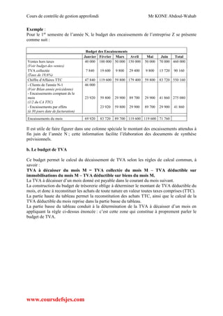 Cours de contrôle de gestion approfondi Mr KONE Abdoul-Wahab
www.coursdefsjes.com
Exemple :
Pour le 1er
semestre de l’année N, le budget des encaissements de l’entreprise Z se présente
comme suit :
Budget des Encaissements
Janvier Février Mars Avril Mai Juin Total
Ventes hors taxes 40 000 100 000 50 000 150 000 50 000 70 000 460 000
(Voir budget des ventes)
TVA collectée 7 840 19 600 9 800 29 400 9 800 13 720 90 160
(Taux de 19,6%)
Chiffre d'Affaires TTC 47 840 119 600 59 800 179 400 59 800 83 720 550 160
- Clients de l'année N-1 46 000
(Voir Bilan année précédente)
- Encaissements comptant ds le
mois 23 920 59 800 29 900 89 700 29 900 41 860 275 080
(1/2 du CA TTC)
- Encaissements par effets 23 920 59 800 29 900 89 700 29 900 41 860
(à 30 jours date de facturation)
Encaissements du mois 69 920 83 720 89 700 119 600 119 600 71 760
Il est utile de faire figurer dans une colonne spéciale le montant des encaissements attendus à
fin juin de l’année N ; cette information facilite l’élaboration des documents de synthèse
prévisionnels.
b. Le budget de TVA
Ce budget permet le calcul du décaissement de TVA selon les règles de calcul commun, à
savoir :
TVA à décaisser du mois M = TVA collectée du mois M – TVA déductible sur
immobilisations du mois M – TVA déductible sur biens du mois M.
La TVA à décaisser d’un mois donné est payable dans le courant du mois suivant.
La construction du budget de trésorerie oblige à déterminer le montant de TVA déductible du
mois, et donc à reconstituer les achats de toute nature en valeur toutes taxes comprises (TTC).
La partie haute du tableau permet la reconstitution des achats TTC, ainsi que le calcul de la
TVA déductible du mois reprise dans la partie basse du tableau.
La partie basse du tableau conduit à la détermination de la TVA à décaisser d’un mois en
appliquant la règle ci-dessus énoncée : c’est cette zone qui constitue à proprement parler le
budget de TVA.
 