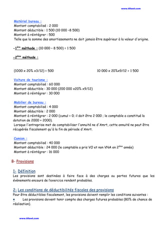 Matériel bureau :
Montant comptabilisé : 2 000
Montant déductible : 1 500 (10 000 –8 500)
Montant à réintégrer : 500
Telle que la somme des amortissements ne doit jamais être supérieur à la valeur d'origine.
-1ère
méthode : (10 000 – 8 500) = 1 500
-2ème
méthode :
(1000 x 20% x3/12) = 500 10 000 x 20%x9/12 = 1 500
Voiture de tourisme :
Montant comptabilisé : 60 000
Montant déductible : 30 000 (200 000 x20% x9/12)
Montant à réintégrer : 30 000
Mobilier de bureau :
Montant comptabilisé : 4 000
Montant déductible : 2 000
Montant à réintégrer : 2 000 (cumul = 0; il doit être 2 000 ; le comptable a constitué la
dotation de 2000 + 2000).
Lorsque l'entreprise met de comptabiliser l'annuité ne d'Amrt, cette annuité ne peut être
récupérée fiscalement qu'à la fin de période d'Amrt.
Camion :
Montant comptabilisé : 40 000
Montant déductible : 24 000 (le comptable a pris VO et non VNA en 2ème
année)
Montant à réintégrer : 16 000
B- Provisions
1- Définition
Les provisions sont destinées à faire face à des charges ou pertes futures que les
évènements encours de l’exercice rendent probables.
2- Les conditions de déductibilités fiscales des provisions
Pour être déductibles fiscalement, les provisions doivent remplir les conditions suivantes :
• Les provisions doivent tenir compte des charges futures probables (80% de chance de
réalisation).
www.tifawt.com
www.tifawt.com
 