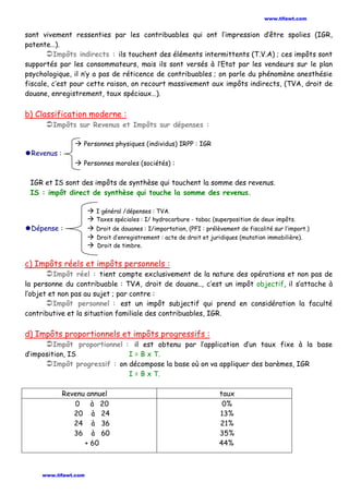 sont vivement ressenties par les contribuables qui ont l’impression d’être spolies (IGR,
patente…).
Impôts indirects : ils touchent des éléments intermittents (T.V.A) ; ces impôts sont
supportés par les consommateurs, mais ils sont versés à l’Etat par les vendeurs sur le plan
psychologique, il n’y a pas de réticence de contribuables ; on parle du phénomène anesthésie
fiscale, c’est pour cette raison, on recourt massivement aux impôts indirects, (TVA, droit de
douane, enregistrement, taux spéciaux…).
b) Classification moderne :
Impôts sur Revenus et Impôts sur dépenses :
 Personnes physiques (individus) IRPP : IGR
Revenus :
 Personnes morales (sociétés) :
IGR et IS sont des impôts de synthèse qui touchent la somme des revenus.
IS : impôt direct de synthèse qui touche la somme des revenus.
 I général /dépenses : TVA.
 Taxes spéciales : I/ hydrocarbure - tabac (superposition de deux impôts.
Dépense :  Droit de douanes : I/importation, (PFI : prélèvement de fiscalité sur l’import.)
 Droit d’enregistrement : acte de droit et juridiques (mutation immobilière).
 Droit de timbre.
c) Impôts réels et impôts personnels :
Impôt réel : tient compte exclusivement de la nature des opérations et non pas de
la personne du contribuable : TVA, droit de douane.., c’est un impôt objectif, il s’attache à
l’objet et non pas au sujet ; par contre :
Impôt personnel : est un impôt subjectif qui prend en considération la faculté
contributive et la situation familiale des contribuables, IGR.
d) Impôts proportionnels et impôts progressifs :
Impôt proportionnel : il est obtenu par l’application d’un taux fixe à la base
d’imposition, IS I = B x T.
Impôt progressif : on décompose la base où on va appliquer des barèmes, IGR
I = B x T.
Revenu annuel taux
0 à 20
20 à 24
24 à 36
36 à 60
+ 60
0%
13%
21%
35%
44%
www.tifawt.com
www.tifawt.com
 