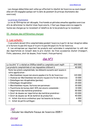 Les charges déductibles sont celles qui affectent le résultat de l’exercice au cours duquel
elles ont été engagées quelque soit la date de paiement (le principe d’autonomie des
exercices).
Le principe d’autonomie
La vie de l’Entreprise est découpée, fractionnée en périodes annuelles appelées exercices
afin de déterminer le résultat d’une façon exacte, il faut que chaque exercice supporte
toutes ses charges qui lui reviennent et bénéficie de ts les produits qui lui incombent.
II- Analyse des différentes charges
1- Les achats :
1-Les achats doivent être comptabilisées pendant l’exercice à partir de leur réception même
si la facture n’a pas été reçue et le prix n’a pas été payé à la fin de l’exercice.
2- Les entreprises qui importent les produits sont autorisées à comptabiliser le coût réel
des importations en incluant dans le prix d’achat, les frais accessoires d’achat (transport,
Frète, assurance, droit de douane, frais transit, frais portuaire)
Cas N° 1
La Société ‘‘S’’ a réalisé en 2005un bénéfice comptable avant impôt 240 000
Les produits comptabilisés et non imposables s’élèvent à 40 000
Parmi les achats comptabilisés, les éléments suivants sont soumis à
votre appréciation :
1- Marchandises reçues non encore payées à la fin de l’exercice :
2- Avances sur Marchandises non encore reçues à la fin de l’exercice :
3- Emballages non récupérables (perdus) :
4- Emballages récupérables :
5- Marchandises reçues, factures non parvenues :
6- Fournitures de bureau dont 30% non encore consommée :
7- Importation des matières premières :
8- Droit de douane sur importation des matières premières :
9- Droit de douane sur M de matériel de production :
10- Achat d’un micro-ordinateur pour les besoins du bureau :
11- Achat de petits outillages :
120 000
10 000
15 000
25 000
30 000
10 000
50 000
20 000
40 000
6 000
150
TAF
- Calculer les résultats fiscaux de l’exercice 2005 ?
Corrigé
www.tifawt.com
www.tifawt.com
 