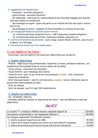 2- Suppléments de rémunération :
- les primes : caractère obligatoire.
- gratifications : caractère facultatif.
- les indemnités : contre partie, remboursements des frais déjà engagées par salariés ;
elles sont réelles ou forfaitaires.
- des avantages en argent : payer une partie ou en totalité les frais des loyers, voiture,
électricité…
- des avantages en nature : logement de fonctionnement ou voitures de services…
3- Les charges patronales de sécurité sociale retraite :
a)- cotisation patronale obligatoire de s.s : A.M.O (assurance maladie obligatoire
b)- cotisation patronale de retraite, d’assurance maladie, assurance vie.
4- Les frais de formation de personnel : cours, stage, bourse d’étude, similaire, cours du soir
au Maroc ou à l’étranger.
5- Les tenues de travail, les frais de pharmacie
3- Les impôts et les taxes :
En principe, tous les impôts et les taxes sont déductibles sauf exception :
1- Impôts déductibles
- Patente : impôt du par les professionnels, industriels, artisans, profession libérales ...etc.
(exonération faite pendant 5ans en cas de création de sociétés).
- Taxes urbaine : concernant les immeubles.
- Taxes d’édilité : pour ramassage des ordures.
- Taxes de voirie : pour ce qui utilise les voies publiques, exemple : café, restaurant…
- Vignettes automobiles.
- Droit d’enregistrement : relatif à certains actes, exemple : terrain, bâtiments, mais ils
peuvent être amortissables sur 5ans…
- Droit de timbres.
- Droit de douanes : sauf s’il s’agit DD/immobilisation.
2- Impôts non déductibles
- IS : dividendes, réserves
- Amendes, pénalités fiscales, et majorations de retard : tous ces éléments ne sont pas
déductibles.
Cas N° 2
La Société ‘‘T’’ a réalisé en 2005un résultat comptable négatif de 120 000
Les produits comptabilisés et non imposables s’élèvent à 100 000
Les charges comprennent les éléments suivants :
1- salaire de gérant majoritaire du SARL
2- salaire de la femme de gérant qui exerce un travail effectif comptable
3- salaire de secrétaire qui n’exerce aucune fonction de l’entreprise
90 000
60 000
24 000
www.tifawt.com
www.tifawt.com
 