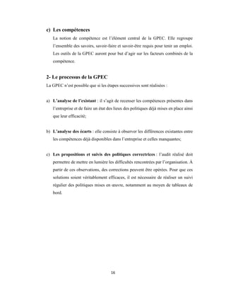 16
c) Les compétences
La notion de compétence est l’élément central de la GPEC. Elle regroupe
l’ensemble des savoirs, savoir-faire et savoir-être requis pour tenir un emploi.
Les outils de la GPEC auront pour but d’agir sur les facteurs combinés de la
compétence.
2- Le processus de la GPEC
La GPEC n’est possible que si les étapes successives sont réalisées :
a) L’analyse de l’existant : il s’agit de recenser les compétences présentes dans
l’entreprise et de faire un état des lieux des politiques déjà mises en place ainsi
que leur efficacité;
b) L’analyse des écarts : elle consiste à observer les différences existantes entre
les compétences déjà disponibles dans l’entreprise et celles manquantes;
c) Les propositions et suivis des politiques correctrices : l’audit réalisé doit
permettre de mettre en lumière les difficultés rencontrées par l’organisation. À
partir de ces observations, des corrections peuvent être opérées. Pour que ces
solutions soient véritablement efficaces, il est nécessaire de réaliser un suivi
régulier des politiques mises en œuvre, notamment au moyen de tableaux de
bord.
 