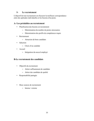 25
I- Le recrutement
L'objectif de tout recrutement est d'assurer la meilleure correspondance
entre des aptitudes individuelles et les besoins d'un poste.
A- Les préalables au recrutement
• Planification des besoins en recrutement
– Détermination du nombre de postes nécessaires
– Détermination des profils de compétences requis
• Recrutement
– Attraction de bons candidats
• Sélection
– Choix d’un candidat
• Accueil
– Intégration du nouvel employé
B-Le recrutement des candidats
• Objectifs du recrutement
– Attirer suffisamment de candidats
– Attirer des candidats de qualité
• Responsabilité partagée
• Deux sources de recrutement
– Interne / externe
 