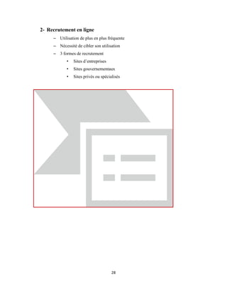 28
2- Recrutement en ligne
– Utilisation de plus en plus fréquente
– Nécessité de cibler son utilisation
– 3 formes de recrutement
• Sites d’entreprises
• Sites gouvernementaux
• Sites privés ou spécialisés
 
