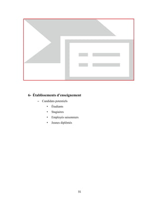 31
6- Établissements d’enseignement
– Candidats potentiels
• Étudiants
• Stagiaires
• Employés saisonniers
• Jeunes diplômés
 