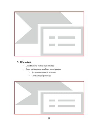 32
7- Réseautage
– Grand nombre d’offres non affichées
– Deux pratiques pour améliorer son réseautage
• Recommandations du personnel
• Candidatures spontanées
 