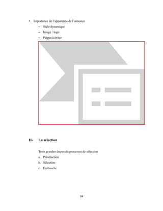 34
• Importance de l’apparence de l’annonce
– Style dynamique
– Image / logo
– Pièges à éviter
II- La sélection
Trois grandes étapes du processus de sélection
a. Présélection
b. Sélection
c. Embauche
 