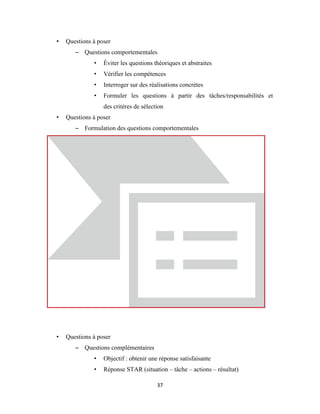 37
• Questions à poser
– Questions comportementales
• Éviter les questions théoriques et abstraites
• Vérifier les compétences
• Interroger sur des réalisations concrètes
• Formuler les questions à partir des tâches/responsabilités et
des critères de sélection
• Questions à poser
– Formulation des questions comportementales
• Questions à poser
– Questions complémentaires
• Objectif : obtenir une réponse satisfaisante
• Réponse STAR (situation – tâche – actions – résultat)
 