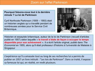 Historien et essayiste britannique, auteur de la loi de Parkinson (recueil d'articles
publié en 1957) selon laquelle « le travail s’étale de façon à occuper le temps
disponible pour son achèvement ». Il a écrit l'article original, publié dans The
Economist en 1955, alors qu'il était professeur d'histoire à l'université de Malaisie à
Singapour
L’expérience qu’il a amassée tout au long de ses recherches lui a permis de
publier en 1957 un livre intitulé : “Les lois de Parkinson”. Dans ce traité, il expose
sa fameuse loi qui, en réalité, en revêt plusieurs.
Pourquoi faisons-nous tout à la dernière
minute ? La loi de Parkinson
Cyril Northcote Parkinson (1909 – 1993) était
un historien anglais qui a travaillé pendant de
nombreuses années pour le Service Civil
Britannique.
Zoom sur l’effet Parkinson
 