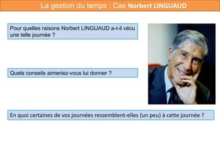 Quels conseils aimeriez-vous lui donner ?
En quoi certaines de vos journées ressemblent-elles (un peu) à cette journée ?
Pour quelles raisons Norbert LINGUAUD a-t-il vécu
une telle journée ?
La gestion du temps : Cas Norbert LINGUAUD
 