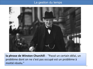 27
la phrase de Winston Churchill : "Passé un certain délai, un
problème dont on ne s'est pas occupé est un problème à
moitié résolu."
La gestion du temps
 
