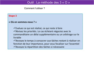 Etape 3
« Où en sommes-nous ? »
Evaluez ce qui est réalisé, ce qui reste à faire
Révisez les priorités. Le cas échéant négociez avec le
commanditaire un délai supplémentaire ou un arbitrage sur le
livrable
Revoyez le temps à consacrer aux tâches restant à réaliser en
fonction de leur importance, pour vous focaliser sur l’essentiel
Revoyez la répartition des tâches si nécessaire
Comment l’utiliser ?
Outil : La méthode des 3 « O »
 