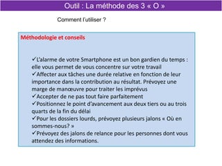 Méthodologie et conseils
L’alarme de votre Smartphone est un bon gardien du temps :
elle vous permet de vous concentre sur votre travail
Affecter aux tâches une durée relative en fonction de leur
importance dans la contribution au résultat. Prévoyez une
marge de manœuvre pour traiter les imprévus
Accepter de ne pas tout faire parfaitement
Positionnez le point d’avancement aux deux tiers ou au trois
quarts de la fin du délai
Pour les dossiers lourds, prévoyez plusieurs jalons « Où en
sommes-nous? »
Prévoyez des jalons de relance pour les personnes dont vous
attendez des informations.
Comment l’utiliser ?
Outil : La méthode des 3 « O »
 