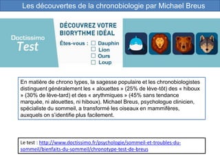 Les découvertes de la chronobiologie par Michael Breus
En matière de chrono types, la sagesse populaire et les chronobiologistes
distinguent généralement les « alouettes » (25% de lève-tôt) des « hiboux
» (30% de lève-tard) et des « arythmiques » (45% sans tendance
marquée, ni alouettes, ni hiboux). Michael Breus, psychologue clinicien,
spécialiste du sommeil, a transformé les oiseaux en mammifères,
auxquels on s’identifie plus facilement.
Le test : http://www.doctissimo.fr/psychologie/sommeil-et-troubles-du-
sommeil/bienfaits-du-sommeil/chronotype-test-de-breus
 