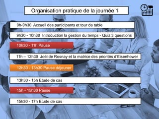 Organisation pratique de la journée 1
9h-9h30 Accueil des participants et tour de table
9h30 - 10h30 Introduction la gestion du temps - Quiz 3 questions
10h30 - 11h Pause
4
13h30 - 15h Etude de cas
11h – 12h30 Joël de Rosnay et la matrice des priorités d’Eisenhower
12h30 - 13h30 Pause déjeuner
15h - 15h30 Pause
15h30 - 17h Etude de cas
 