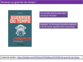 Devenez un guerrier du temps !
L’audio de Koober : https://koober.com/fr/fiche/r%C3%A9sum%C3%A9-de-guerrier-du-temps
Les conseils tirés du best seller
de Steeve Chandler
Exemple : 1h de travail concentré équivaut
à 3h de travail régulièrement interrompu
 