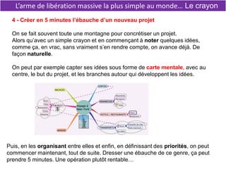 L’arme de libération massive la plus simple au monde… Le crayon
4 - Créer en 5 minutes l’ébauche d’un nouveau projet
On se fait souvent toute une montagne pour concrétiser un projet.
Alors qu’avec un simple crayon et en commençant à noter quelques idées,
comme ça, en vrac, sans vraiment s’en rendre compte, on avance déjà. De
façon naturelle.
On peut par exemple capter ses idées sous forme de carte mentale, avec au
centre, le but du projet, et les branches autour qui développent les idées.
Puis, en les organisant entre elles et enfin, en définissant des priorités, on peut
commencer maintenant, tout de suite. Dresser une ébauche de ce genre, ça peut
prendre 5 minutes. Une opération plutôt rentable…
 
