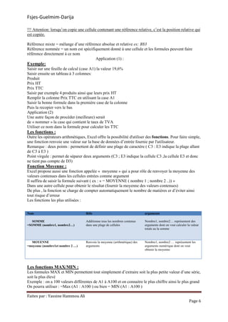 Fsjes-Guelmim-Darija
Faites par : Yassine Hammou Ali
Page 6
!!! Attention: lorsqu’on copie une cellule contenant une référence relative, c’est la position relative qui
est copiée.
Référence mixte = mélange d’une référence absolue et relative ex: B$3
Référence nommée = un nom est spécifiquement donné à une cellule et les formules peuvent faire
référence directement à ce nom
Application (1) :
Exemple:
Saisir sur une feuille de calcul (case A1) la valeur 19,6%
Saisir ensuite un tableau à 3 colonnes:
Produit
Prix HT
Prix TTC
Saisir par exemple 4 produits ainsi que leurs prix HT
Remplir la colonne Prix TTC en utilisant la case A1
Saisir la bonne formule dans la première case de la colonne
Puis la recopier vers le bas
Application (2)
Une autre façon de procéder (meilleure) serait
de « nommer » la case qui contient le taux de TVA
Utiliser ce nom dans la formule pour calculer les TTC
Les fonctions :
Outre les opérateurs arithmétiques, Excel offre la possibilité d'utiliser des fonctions. Pour faire simple,
une fonction renvoie une valeur sur la base de données d’entrée fournie par l'utilisateur.
Remarque : deux points : permettent de définir une plage de caractère ( C3 : E3 indique la plage allant
de C3 à E3 )
Point virgule : permet de séparer deux arguments (C3 ; E3 indique la cellule C3 ,la cellule E3 et donc
ne tient pas compte de D3)
Fonction Moyenne :
Excel propose aussi une fonction appelée « moyenne » qui a pour rôle de renvoyer la moyenne des
valeurs contenues dans les cellules entrées comme argument
Il suffira de saisir la formule suivant ( ex : « = MOYENNE ( nombre 1 ; nombre 2 ..)) »
Dans une autre cellule pour obtenir le résultat (fournir la moyenne des valeurs contenues)
De plus , la fonction se charge de compter automatiquement le nombre de matières er d’éviter ainsi
tout risque d’erreur
Les fonctions les plus utilisées :
Nom Rôle arguments
SOMME
=SOMME (nombre1, nombre2…)
Additionne tous les nombres contenus
dans une plage de cellules
Nombre1, nombre2… représentent des
arguments dont on veut calculer la valeur
totale au la somme
MOYENNE
=moyenne (nombre1et nombre 2 …)
Renvoie la moyenne (arithmétique) des
arguments
Nombre1, nombre2 … représentent les
arguments numérique dont on veut
obtenir la moyenne
Les fonctions MAX/MIN :
Les formules MAX et MIN permettent tout simplement d’extraire soit la plus petite valeur d’une série,
soit la plus élevé
Exemple : on a 100 valeurs différentes de A1 à A100 et on connaitre le plus chiffre ainsi le plus grand
On pourra utiliser : =Max (A1 : A100 ) ou bien = MIN (A1 : A100 )
 