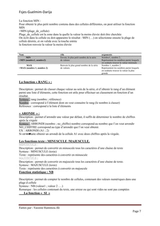 Fsjes-Guelmim-Darija
Faites par : Yassine Hammou Ali
Page 7
La fonction MIN :
Pour obtenir le plus petit nombre contenu dans des cellules différentes, on peut utiliser la fonction
MIN
=MIN (plage_de_cellule)
Plage_de_cellule est la zone dans la quelle la valeur la moins élevée doit être cherchée
On écrit dans la cellule ou doit apparaitre le résultat : MIN (…) on sélectionne ensuite la plage de
cellule désirée, et on valide avec la touche entrée
la fonction renvoie la valeur la moins élevée
Nom rôle arguments
MIN
=MIN (nombre1, nombre2)
Envoie, le plus petit nombre de la série
de valeurs
Nombre1, nombre 2..
Représentent les nombres parmi lesquels
on souhaits trouver la valeur minimale
MAX
=MAX (nombre 1, nombre 2)
Renvoie le plus grand nombre de la série
de valeurs
Nombre 1, nombre 2
Représentent les nombres parmi lesquels
on souhaite trouver la valeur la plus
grande
La fonction « RANG » :
Description : permet de classer chaque valeur au sein de la série, et d’obtenir le rang d’un élément
parmi une liste d’éléments, cette fonction est utile pour effectuer un classement en fonction d’un
résultat.
Syntaxe : rang (nombre ; référence)
Nombre : correspond à l’élément dont on veut connaitre le rang (le nombre à classer)
Référence : correspond à la liste d’éléments
« ARONDI » :
Description : permet d’arrondir une valeur par défaut, il suffit de déterminer le nombre de chiffres
après la virgule
Syntaxe : ARRONDI (nombre ; no_chiffre) nombre correspond au nombre que l’on veut arrondir
NO_CHIFFRE correspond au type d’arrondir que l’on veut obtenir.
EX : ARRONDI (A1 ; 2)
Si on souhaite obtenir un arrondi de la cellule A1 avec deux chiffres après la virgule.
Les fonctions texte : MINUSCULE /MAJUSCULE.
Description : permet de convertir en minuscule tous les caractères d’une chaine de texte
Syntaxe : MINUSCULE (texte)
Texte : représente des caractères à convertir en minuscule
:
Description : permet de convertir en majuscule tous les caractères d’une chaine de texte.
Syntaxe : MAJUSCULE (texte)
Texte : représente des caractères à convertir en majuscule
Fonction statistique : NB
Description : permet de compter le nombre de cellules, contenant des valeurs numériques dans une
plage d cellule
Syntaxe : NB (valeur1 ; valeur 2 ….)
Remarque : les cellules contenant du texte, une erreur ou qui sont vides ne sont pas comptées
La fonction « SI »
 