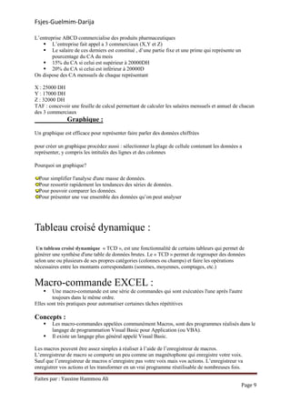 Fsjes-Guelmim-Darija
Faites par : Yassine Hammou Ali
Page 9
L’entreprise ABCD commercialise des produits pharmaceutiques
L’entreprise fait appel a 3 commerciaux (X,Y et Z)
Le salaire de ces derniers est constitué , d’une partie fixe et une prime qui représente un
pourcentage du CA du mois
15% du CA si celui est supérieur à 20000DH
20% du CA si celui est inférieur à 20000D
On dispose des CA mensuels de chaque représentant
X : 25000 DH
Y : 17000 DH
Z : 32000 DH
TAF : concevoir une feuille de calcul permettant de calculer les salaires mensuels et annuel de chacun
des 3 commerciaux
Graphique :
Un graphique est efficace pour représenter faire parler des données chiffrées
pour créer un graphique procédez aussi : sélectionner la plage de cellule contenant les données a
représenter, y compris les intitulés des lignes et des colonnes
Pourquoi un graphique?
Pour simplifier l'analyse d'une masse de données.
Pour ressortir rapidement les tendances des séries de données.
Pour pouvoir comparer les données.
Pour présenter une vue ensemble des données qu’on peut analyser
Tableau croisé dynamique :
Un tableau croisé dynamique « TCD », est une fonctionnalité de certains tableurs qui permet de
générer une synthèse d'une table de données brutes. Le « TCD » permet de regrouper des données
selon une ou plusieurs de ses propres catégories (colonnes ou champs) et faire les opérations
nécessaires entre les montants correspondants (sommes, moyennes, comptages, etc.)
Macro-commande EXCEL :
Une macro-commande est une série de commandes qui sont exécutées l'une après l'autre
toujours dans le même ordre.
Elles sont très pratiques pour automatiser certaines tâches répétitives
Concepts :
Les macro-commandes appelées communément Macros, sont des programmes réalisés dans le
langage de programmation Visual Basic pour Application (ou VBA).
Il existe un langage plus général appelé Visual Basic.
Les macros peuvent être assez simples à réaliser à l’aide de l’enregistreur de macros.
L’enregistreur de macro se comporte un peu comme un magnétophone qui enregistre votre voix.
Sauf que l’enregistreur de macros n’enregistre pas votre voix mais vos actions. L’enregistreur va
enregistrer vos actions et les transformer en un vrai programme réutilisable de nombreuses fois.
 