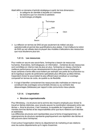 Abell défini un domaine d’activité stratégique à partir de trois dimensions :
       - la catégorie de clientèle à laquelle on s’adresse
       - les besoins que l’on cherche à satisfaire
       - la technologie privilégiée.

                                         Technologie


                                                DAS

                                                              Client




                           Besoin

Ø La réflexion en termes de DAS (et pas seulement de métier) est plus
  opérationnelle et permet des quantifications plus aisées. C’est d’ailleurs la notion
  de DAS qui est utilisée dans la plupart des modèles d’allocations des ressources
  que nous étudierons plus loin.


      1.2.1.3.   Les ressources

Pour mettre en œuvre ses savoir-faire, l’entreprise a besoin de ressources
humaines, financières, technologiques, en information…Certaines de ces ressources
sont contrôlées en interne mais de plus en plus, l’entreprise en réseau cherche la
meilleure performance et pas nécessairement le plus grand niveau d’intégration.
Aussi certaines d’entre elles sous-traitent par exemple une partie de la production ou
de la logistique auprès de partenaires spécialisés plus efficaces qu’elles-mêmes.
Cependant choisir le sous-traitant le plus efficient peut constituer un avantage
comparatif en termes de coûts, de qualité ou de flexibilité.

Ø Il s’agit d’identifier correctement les ressources-clés maîtrisées en interne qui
  constituent des avantages concurrentiels (forces) ou au contraire des
  désavantages (faiblesses) par rapport à des concurrents mieux placés.


      1.2.1.4.   L’organisation

      ♦ Structure organisationnelle

Pour Mintzberg, « la structure est la somme des moyens employés pour diviser le
travail en tâches distinctes, pour ensuite assurer la coordination nécessaire entre ces
tâches ». Ainsi la structure, c’est l’ossature, le squelette de l’organisation. C’est la
manière dont les tâches et les responsabilités ainsi que leurs relations sont décrites
et stabilisées.
Les différentes structures sont représentées sous la forme d’organigrammes. Un
organigramme de structure représente graphiquement une répartition des tâches et
des pouvoirs dans l’entreprise.

C’est surtout l’organisation interne du département de marketing et ses relations
avec les autres départements qu’il s’agira d’examiner.

                                                                                      31
 