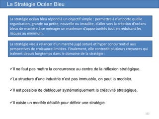 122
La stratégie océan bleu répond à un objectif simple : permettre à n’importe quelle
organisation, grande ou petite, nouvelle ou installée, d’aller vers la création d’océans
bleus de manière à se ménager un maximum d’opportunités tout en réduisant les
risques au minimum.
La Stratégie Océan Bleu
La stratégie vise à relancer d’un marché jugé saturé et hyper concurrentiel aux
perspectives de croissance limitées. Finalement, elle contredit plusieurs croyances qui
traînent depuis longtemps dans le domaine de la stratégie :
Il ne faut pas mettre la concurrence au centre de la réflexion stratégique.
La structure d’une industrie n’est pas immuable, on peut la modeler.
Il est possible de débloquer systématiquement la créativité stratégique.
Il existe un modèle détaillé pour définir une stratégie
 