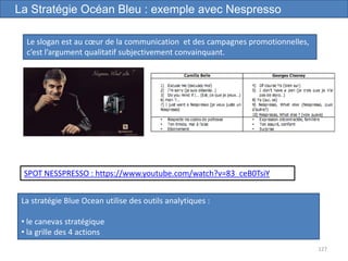 127
La Stratégie Océan Bleu : exemple avec Nespresso
Le slogan est au cœur de la communication et des campagnes promotionnelles,
c’est l’argument qualitatif subjectivement convainquant.
SPOT NESSPRESSO : https://www.youtube.com/watch?v=83_ceB0TsiY
La stratégie Blue Ocean utilise des outils analytiques :
• le canevas stratégique
• la grille des 4 actions
 