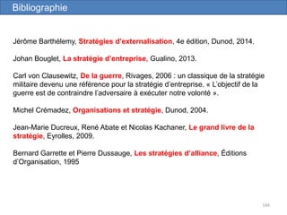 144
Jérôme Barthélemy, Stratégies d’externalisation, 4e édition, Dunod, 2014.
Johan Bouglet, La stratégie d’entreprise, Gualino, 2013.
Carl von Clausewitz, De la guerre, Rivages, 2006 : un classique de la stratégie
militaire devenu une référence pour la stratégie d’entreprise. « L’objectif de la
guerre est de contraindre l’adversaire à exécuter notre volonté ».
Michel Crémadez, Organisations et stratégie, Dunod, 2004.
Jean-Marie Ducreux, René Abate et Nicolas Kachaner, Le grand livre de la
stratégie, Eyrolles, 2009.
Bernard Garrette et Pierre Dussauge, Les stratégies d’alliance, Éditions
d’Organisation, 1995
Bibliographie
 