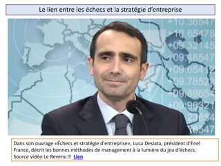 20
Dans son ouvrage «Échecs et stratégie d'entreprise», Luca Desiata, président d'Enel
France, décrit les bonnes méthodes de management à la lumière du jeu d'échecs.
Source vidéo Le Revenu 👉 Lien
Le lien entre les échecs et la stratégie d’entreprise
 