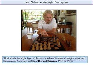 Jeu d’échecs et stratégie d’entreprise
"Business is like a giant game of chess: you have to make strategic moves, and
learn quickly from your mistakes" Richard Branson, PDG de Virgin
 