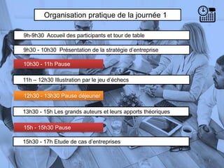 Organisation pratique de la journée 1
9h-9h30 Accueil des participants et tour de table
9h30 - 10h30 Présentation de la stratégie d’entreprise
10h30 - 11h Pause
4
13h30 - 15h Les grands auteurs et leurs apports théoriques
11h – 12h30 Illustration par le jeu d’échecs
12h30 - 13h30 Pause déjeuner
15h - 15h30 Pause
15h30 - 17h Etude de cas d’entreprises
 