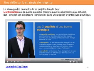 40
Une vidéo sur la stratégie d’entreprise
La stratégie doit permettre de se projeter dans le futur.
L’anticipation est la qualité première (comme pour les champions aux échecs).
But : amener son adversaire (concurrent) dans une position avantageuse pour nous.
La chaîne You Tube
 