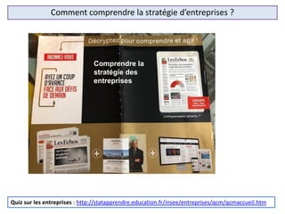 47
Comment comprendre la stratégie d’entreprises ?
Quiz sur les entreprises : http://statapprendre.education.fr/insee/entreprises/qcm/qcmaccueil.htm
Comprendre la
stratégie des
entreprises
 