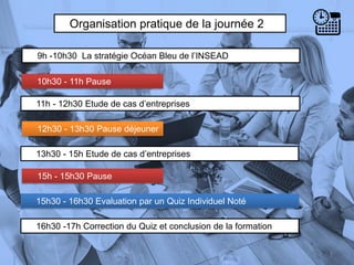 Organisation pratique de la journée 2
9h -10h30 La stratégie Océan Bleu de l’INSEAD
10h30 - 11h Pause
5
13h30 - 15h Etude de cas d’entreprises
11h - 12h30 Etude de cas d’entreprises
12h30 - 13h30 Pause déjeuner
15h - 15h30 Pause
16h30 -17h Correction du Quiz et conclusion de la formation
15h30 - 16h30 Evaluation par un Quiz Individuel Noté
 