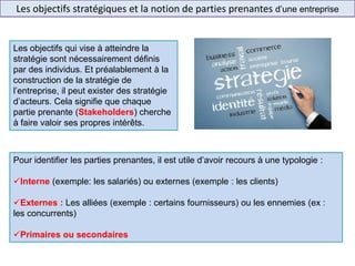 Les objectifs stratégiques et la notion de parties prenantes d’une entreprise
Les objectifs qui vise à atteindre la
stratégie sont nécessairement définis
par des individus. Et préalablement à la
construction de la stratégie de
l’entreprise, il peut exister des stratégie
d’acteurs. Cela signifie que chaque
partie prenante (Stakeholders) cherche
à faire valoir ses propres intérêts.
Pour identifier les parties prenantes, il est utile d’avoir recours à une typologie :
Interne (exemple: les salariés) ou externes (exemple : les clients)
Externes : Les alliées (exemple : certains fournisseurs) ou les ennemies (ex :
les concurrents)
Primaires ou secondaires
 