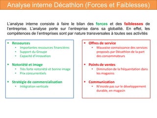 Ressources
• Importantes ressources financières
• Support du Groupe
• Capacité d’innovation
 Notoriété et image
• Très forte notoriété et bonne image
• Prix concurrentiels
 Stratégie de commercialisation
• Intégration verticale
 Offres de service
• Mauvaise connaissance des services
proposés par Décathlon de la part
des consommateurs
 Points de ventes
• Diminution de la fréquentation dans
les magasins
 Communication
• N’insiste pas sur le développement
durable, en magasin
L’analyse interne consiste à faire le bilan des forces et des faiblesses de
l’entreprise. L’analyse porte sur l’entreprise dans sa globalité. En effet, les
compétences de l’entreprises sont par nature transversales à toutes ses activités
Analyse interne Décathlon (Forces et Faiblesses)
 