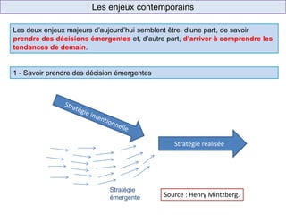 Les enjeux contemporains
Les deux enjeux majeurs d’aujourd’hui semblent être, d’une part, de savoir
prendre des décisions émergentes et, d’autre part, d’arriver à comprendre les
tendances de demain.
1 - Savoir prendre des décision émergentes
Stratégie réalisée
Stratégie
émergente Source : Henry Mintzberg.
 