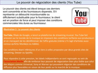 Le pouvoir de négociation des clients (You Tube)
E-commerce
(ex.: Ooshop)
Cash & Carry
(ex.: Promocash)
Supermarché
(ex.: Carrefour Market)
Le pouvoir des clients est élevé lorsque ces derniers
sont concentrés et les fournisseurs dispersés. S’il
représente un débouché incontournable ou
difficilement substituable pour le fournisseur, le client
est en position de force et peut imposer des conditions
commerciales très dures au fournisseur.
Illustration 3 : Le pouvoir des clients
YouTube, filiale de Google, a lancé sa plateforme de streaming musical. You Tube fait
pression sur le monde de la musique en imposant des conditions tarifaires aux producteurs
et en menaçant de les déréférencer de l’offre gratuite (même s’il s’agit d’artistes aussi
connus qu’Artic Monkeys ou Adèle).
Ces conditions étant inférieures d’un tiers à celles proposées par deux grands sites de
streaming, Deezer ou Spotify.
Pour répondre à cette pression, les labels indépendants se sont regroupés au sein de
l’association Merlin afin de renforcer leur pouvoir de négociation bien plus faible que celui
des Majors comme Universal, Sony et Warner qui pouvaient négocier des conditions de
diffusion plus favorables en raison de leur poids sur le marché de la musique.
 